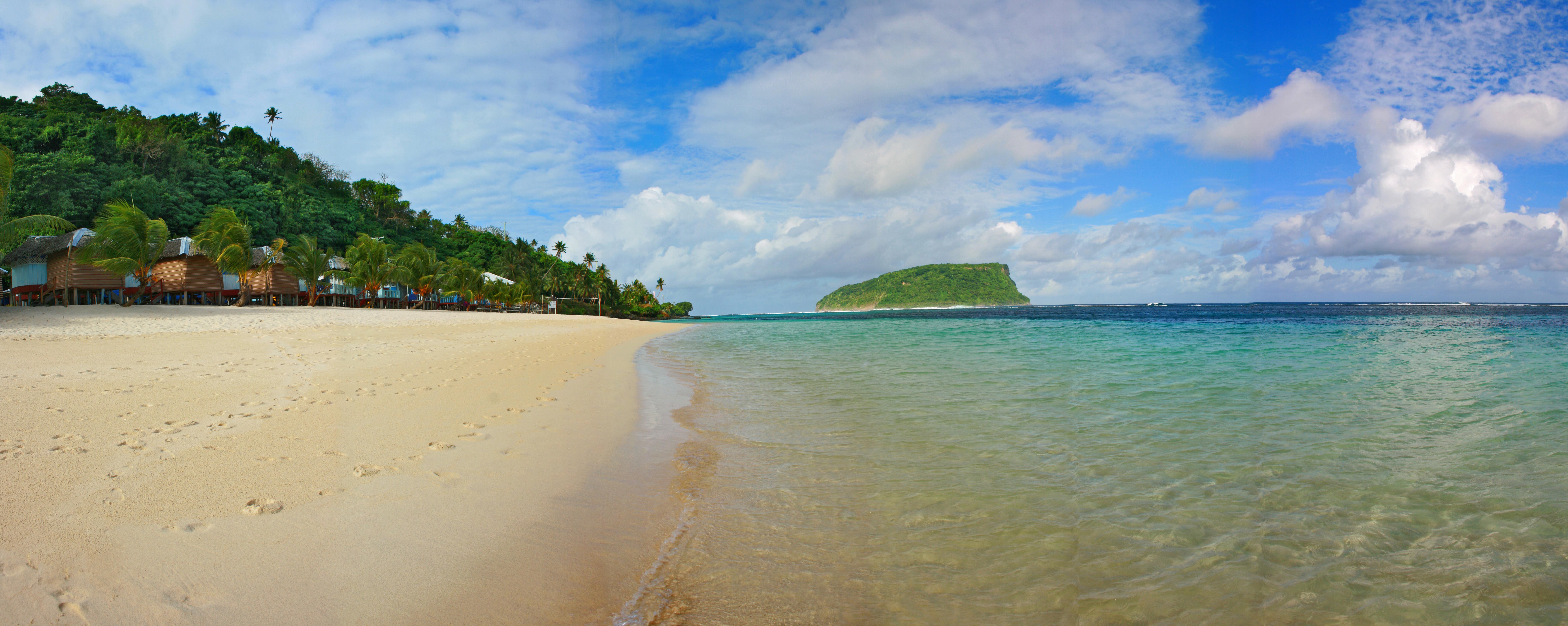 White sand and turquoise water at Lalomanu Beach, with Nuʻutele island offshore, Upolu, Samoa